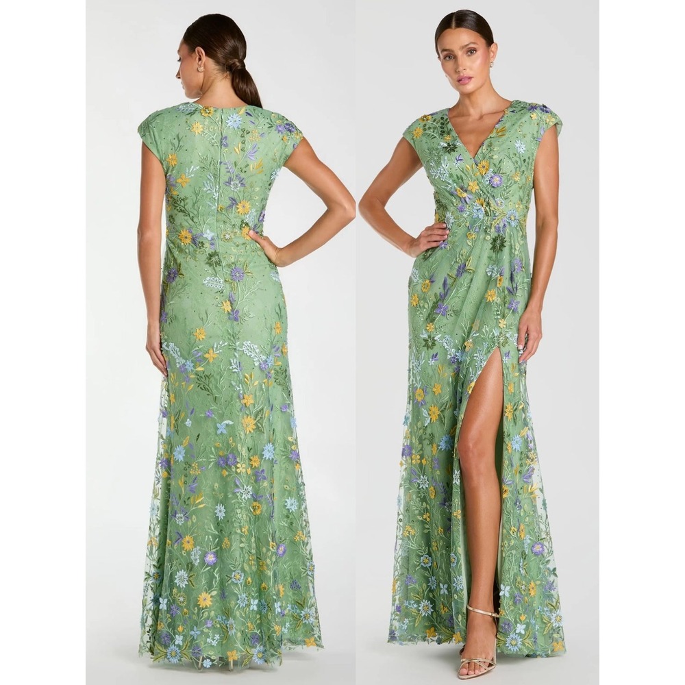 NEW Mac Duggal‎ Green Faux Wrap Embroidered Cap Sleeve Gown $498 - Size 14